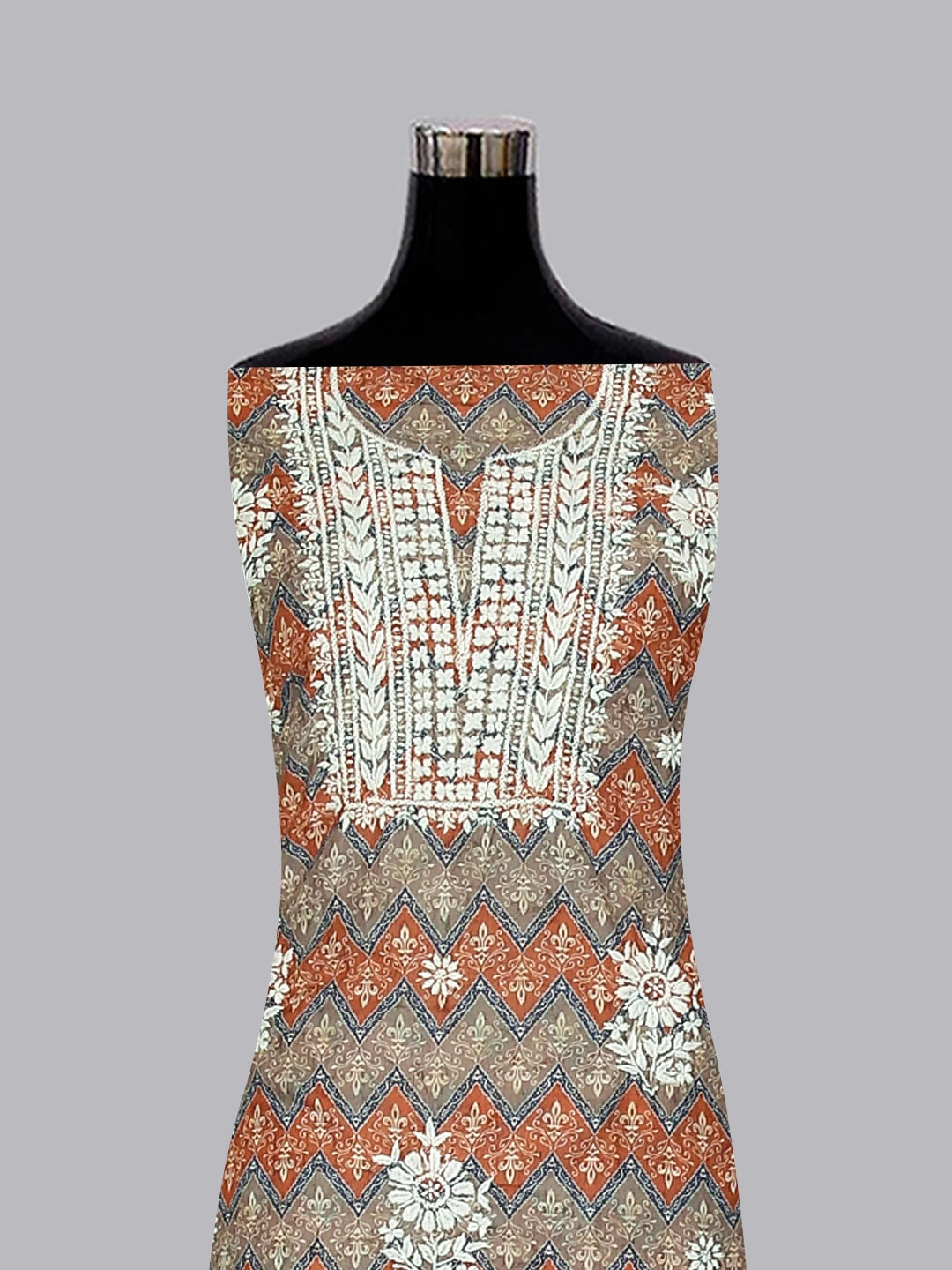 Ada Hand Embroidered Rust And Grey Muslin Lucknowi Chikankari Unstitched Kurta Piece 01A426067