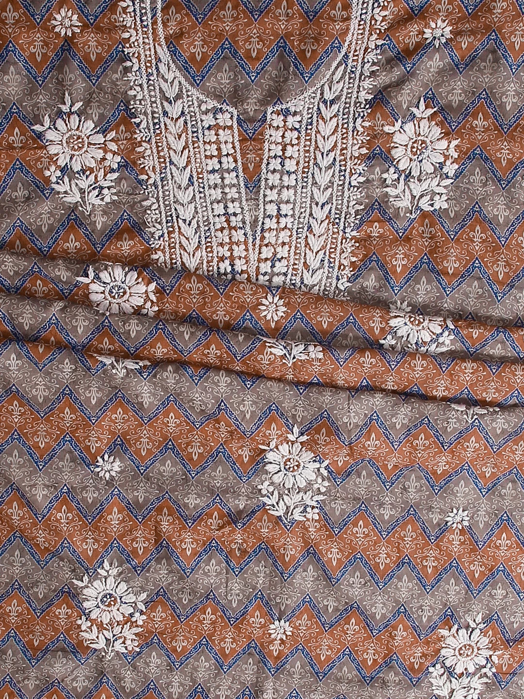 Ada Hand Embroidered Rust And Grey Muslin Lucknowi Chikankari Unstitched Kurta Piece 01A426067