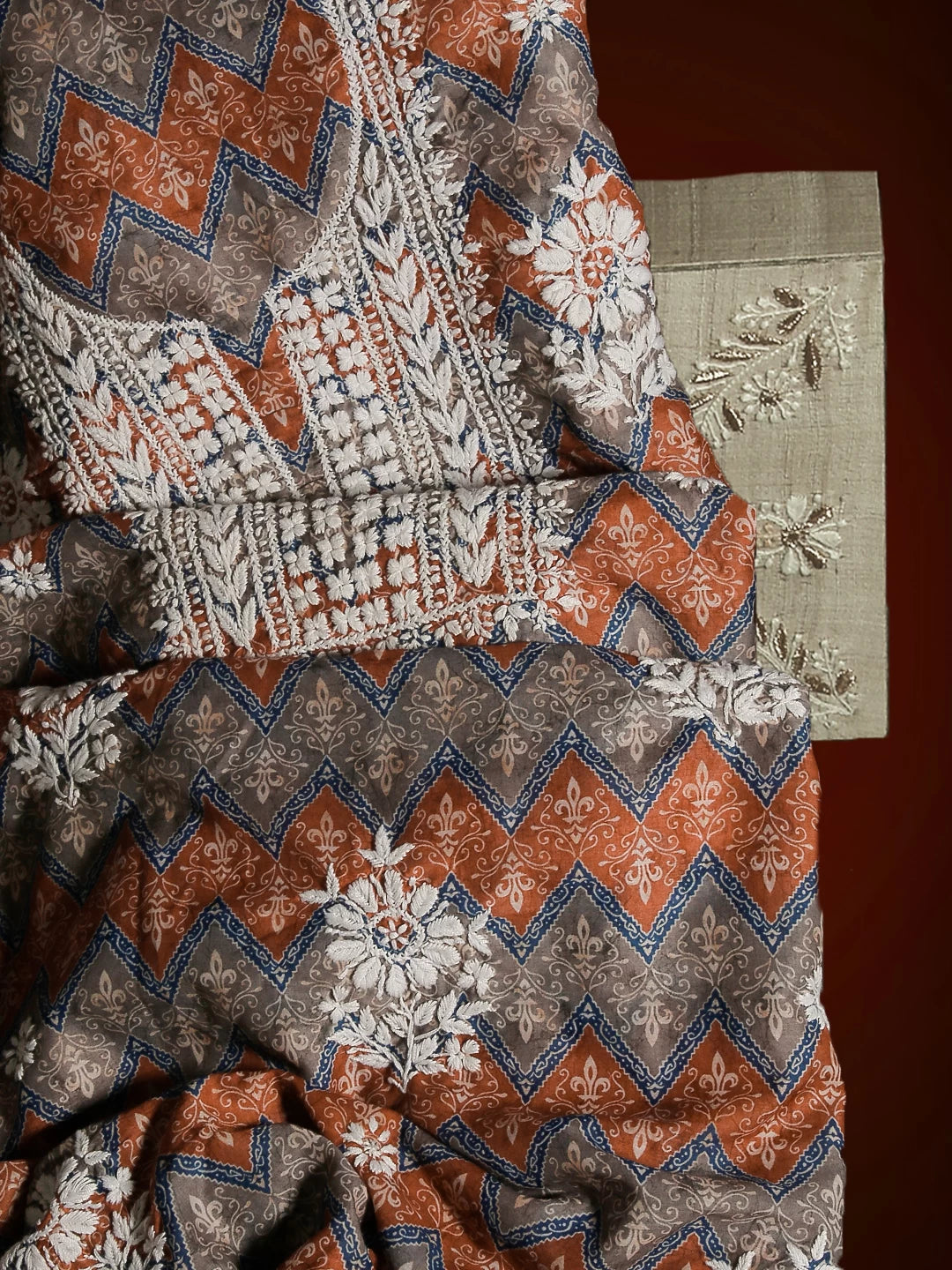 Ada Hand Embroidered Rust And Grey Muslin Lucknowi Chikankari Unstitched Kurta Piece 01A426067