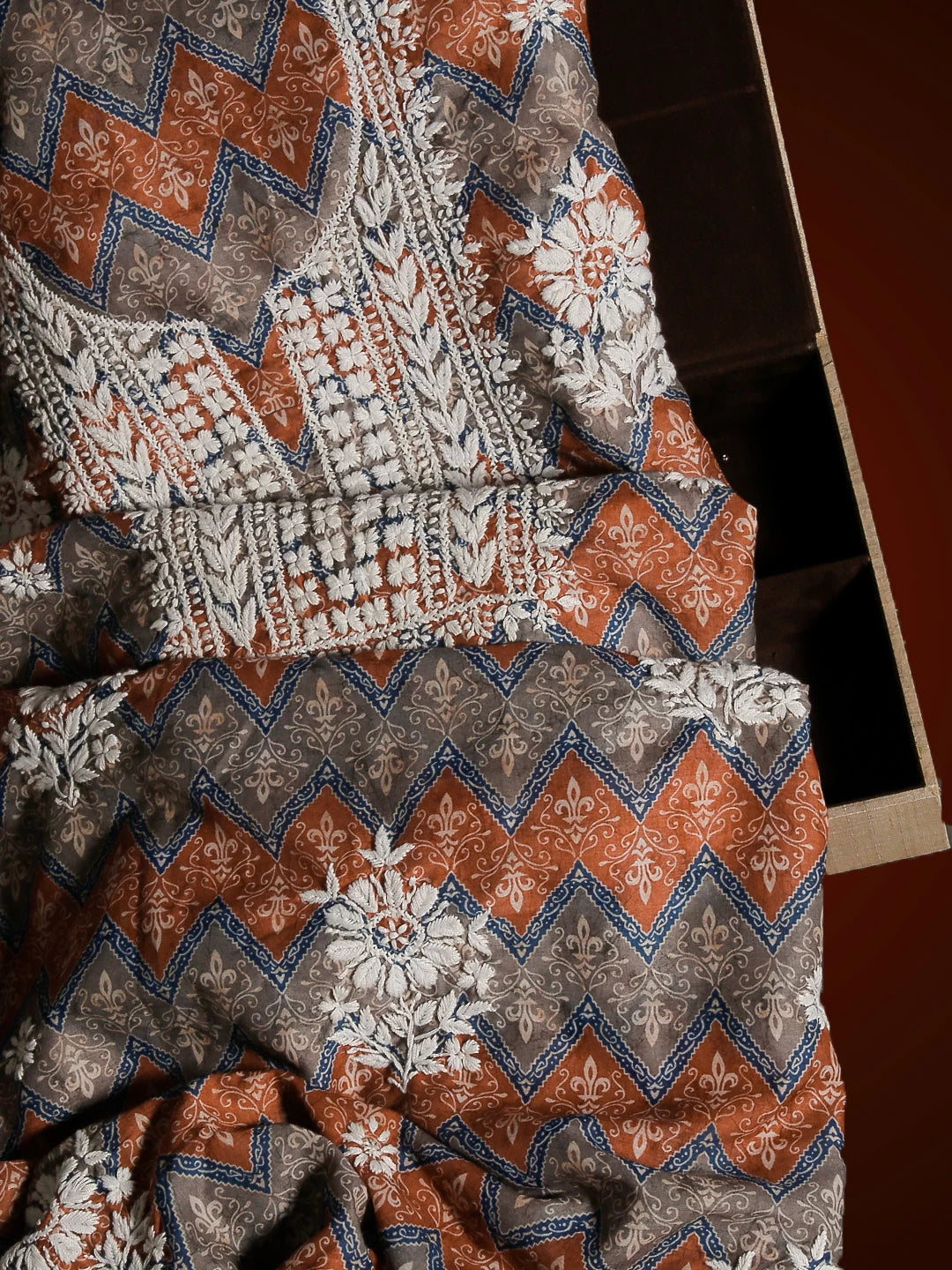 Ada Hand Embroidered Rust And Grey Muslin Lucknowi Chikankari Unstitched Kurta Piece 01A426067