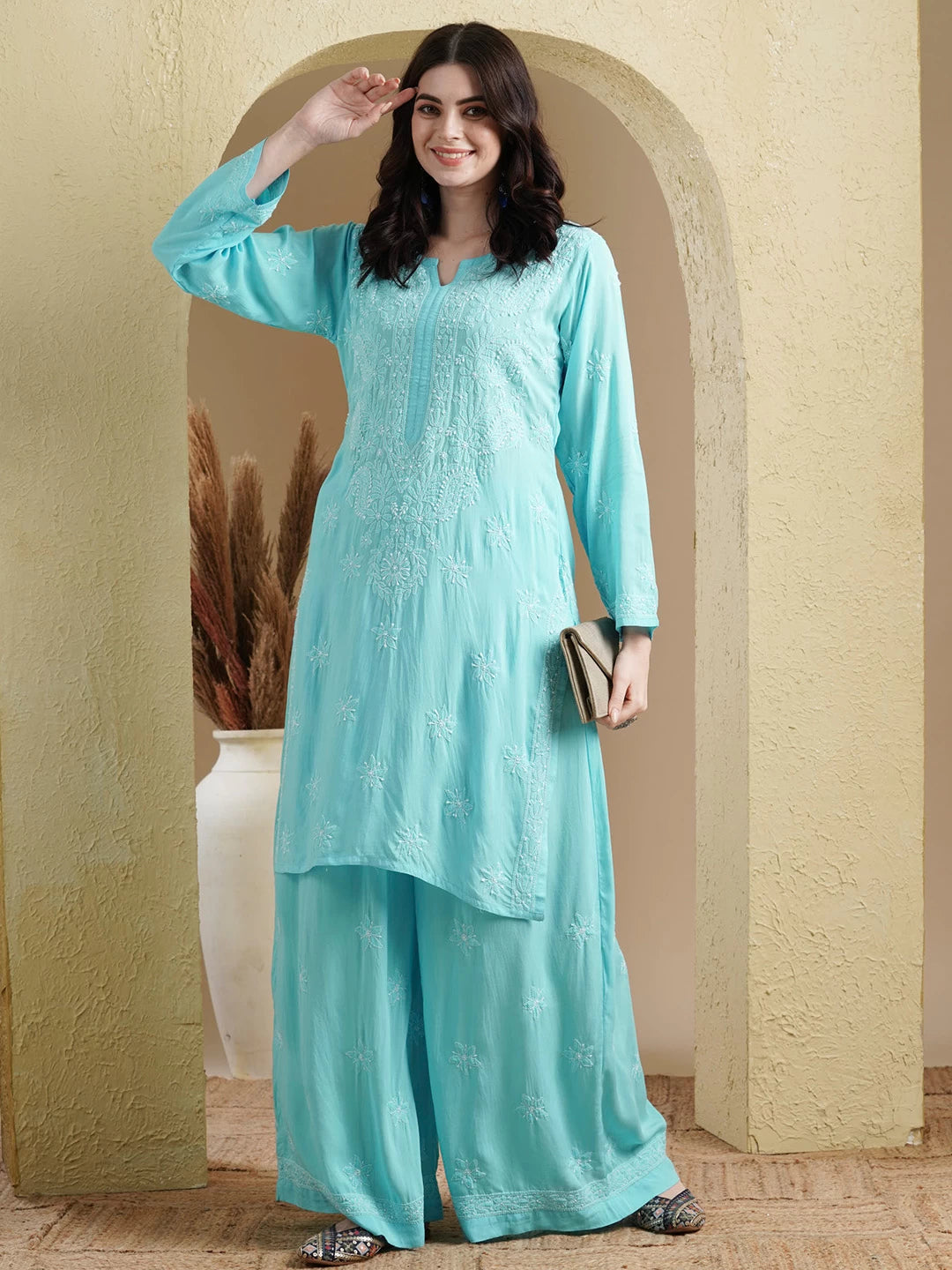 Ada Hand Embroidered Blue Modal Lucknowi Chikankari Co-ord Set A811233