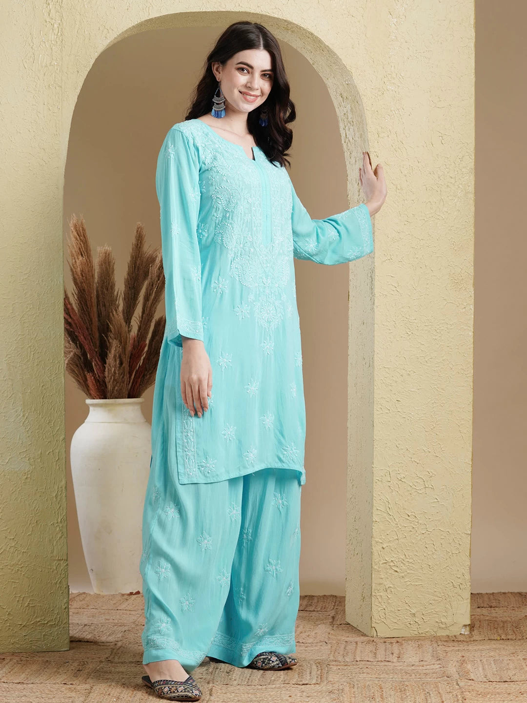 Ada Hand Embroidered Blue Modal Lucknowi Chikankari Co-ord Set A811233