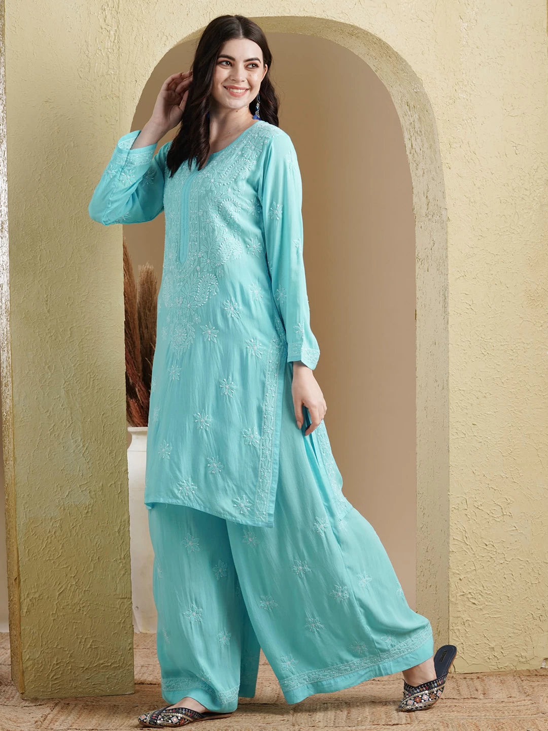 Ada Hand Embroidered Blue Modal Lucknowi Chikankari Co-ord Set A811233