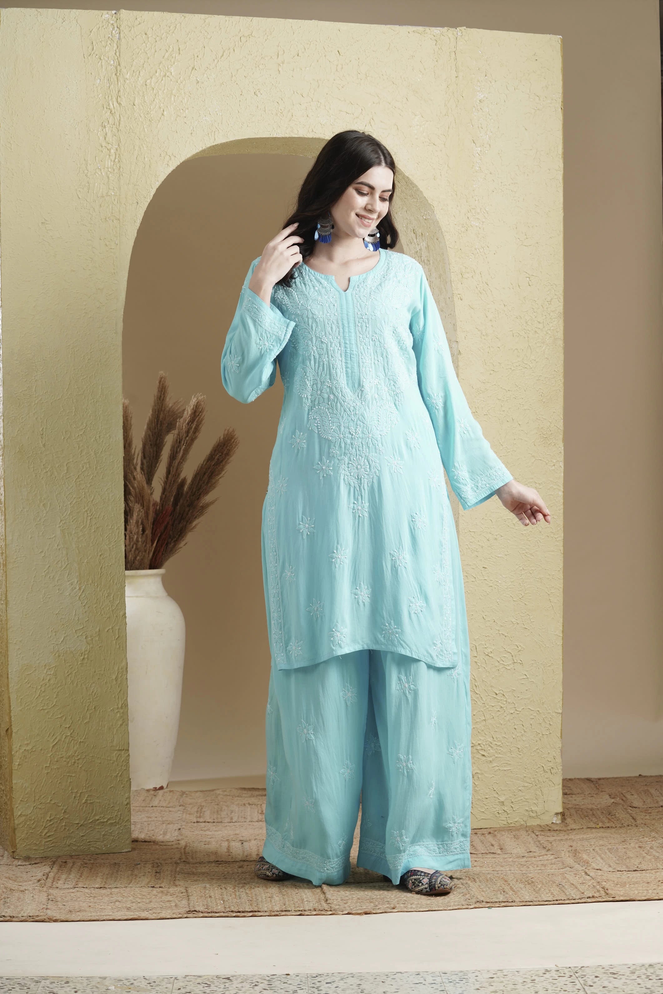 Ada Hand Embroidered Blue Modal Lucknowi Chikankari Co-ord Set A811233