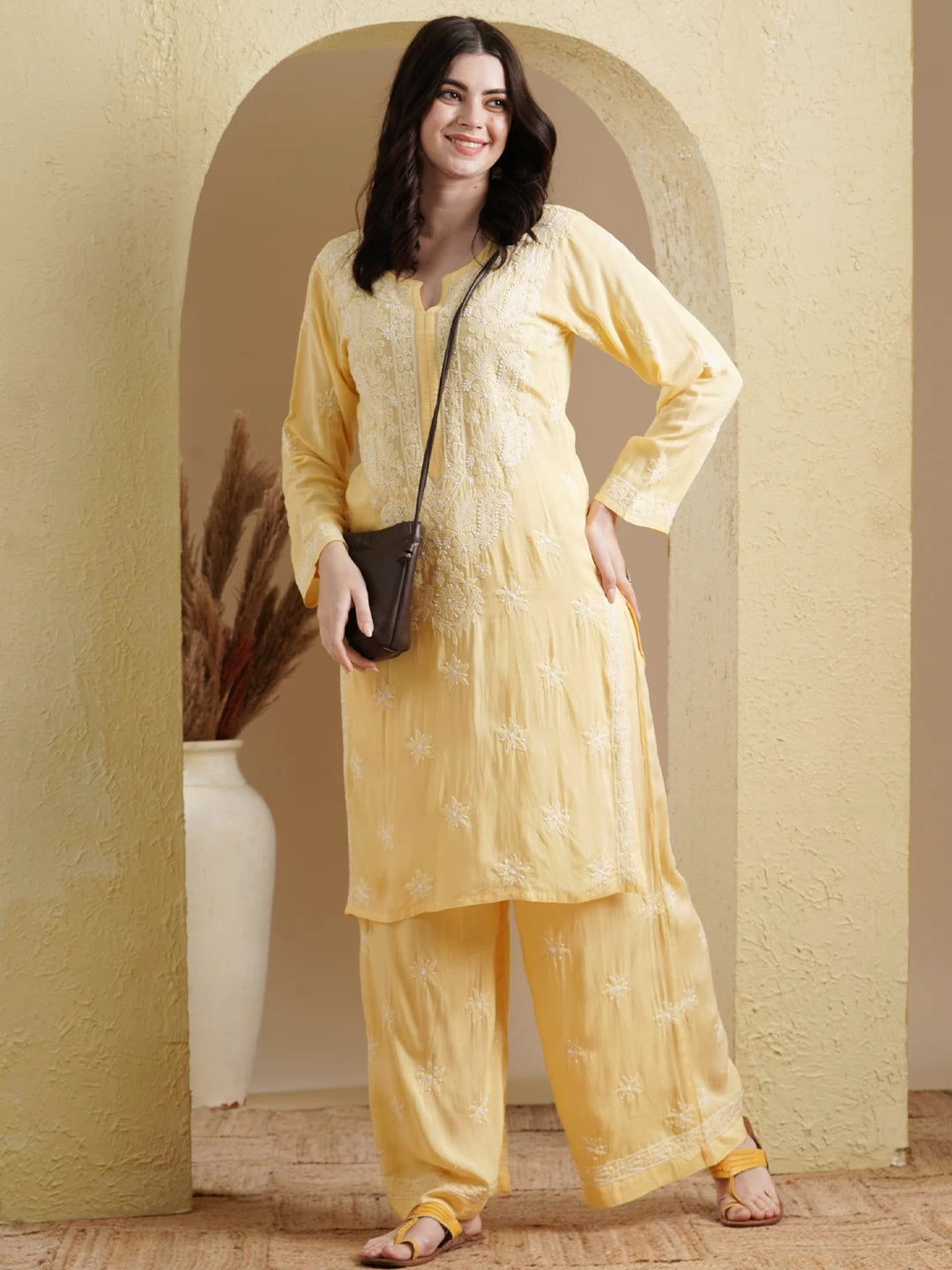 Ada Hand Embroidered Yellow Modal Lucknowi Chikankari Co-Ord Set A811235