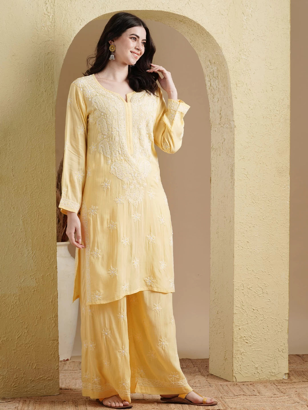 Ada Hand Embroidered Yellow Modal Lucknowi Chikankari Co-Ord Set A811235