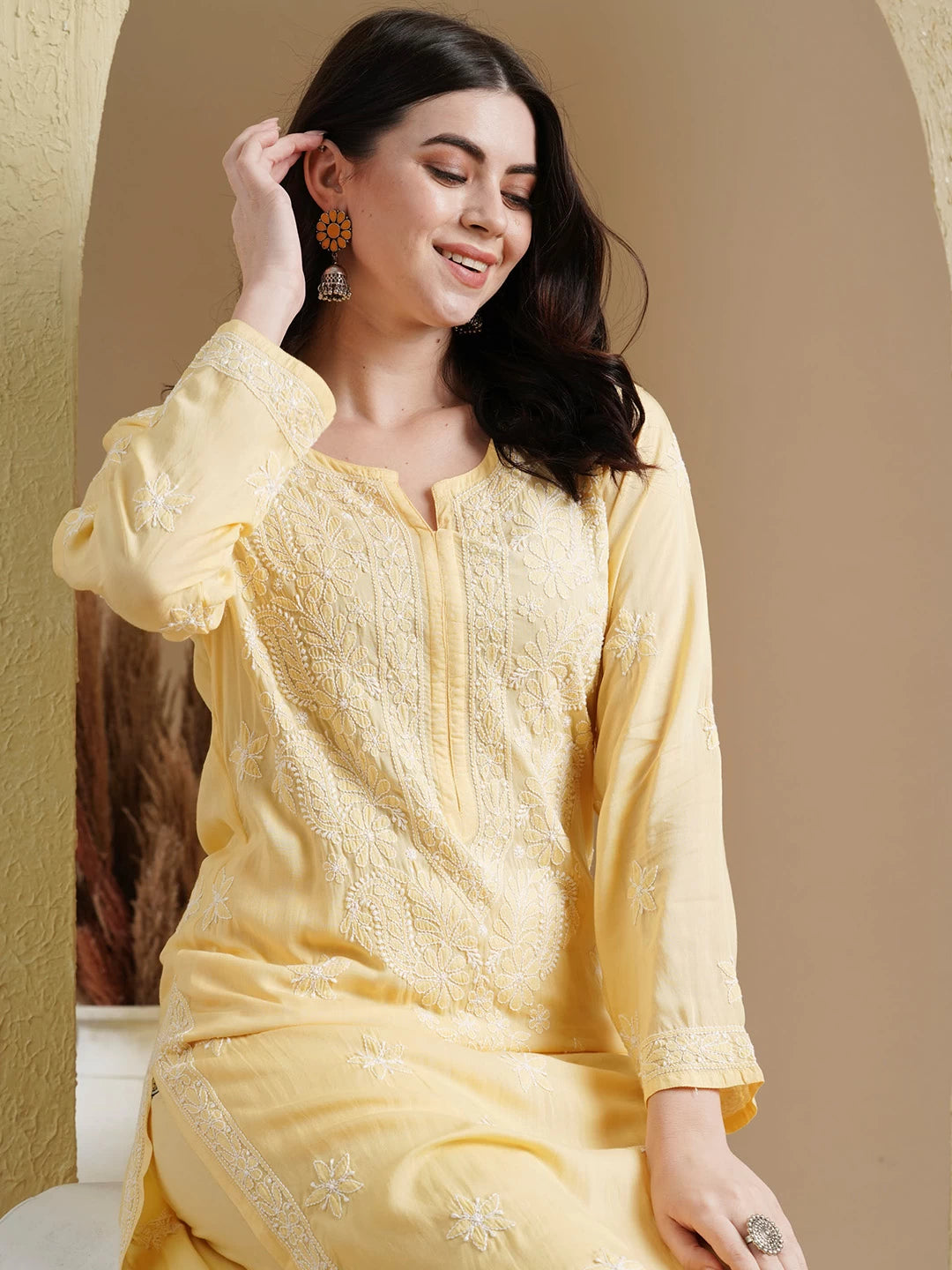 Ada Hand Embroidered Yellow Modal Lucknowi Chikankari Co-Ord Set A811235