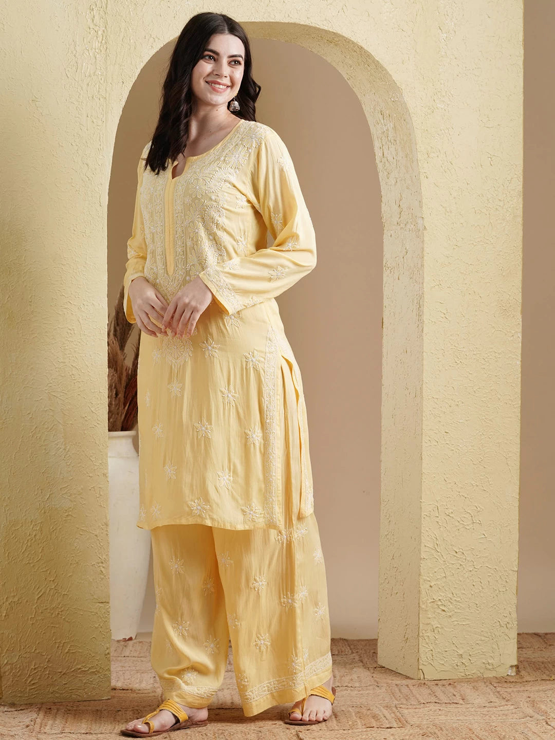 Ada Hand Embroidered Yellow Modal Lucknowi Chikankari Co-Ord Set A811235