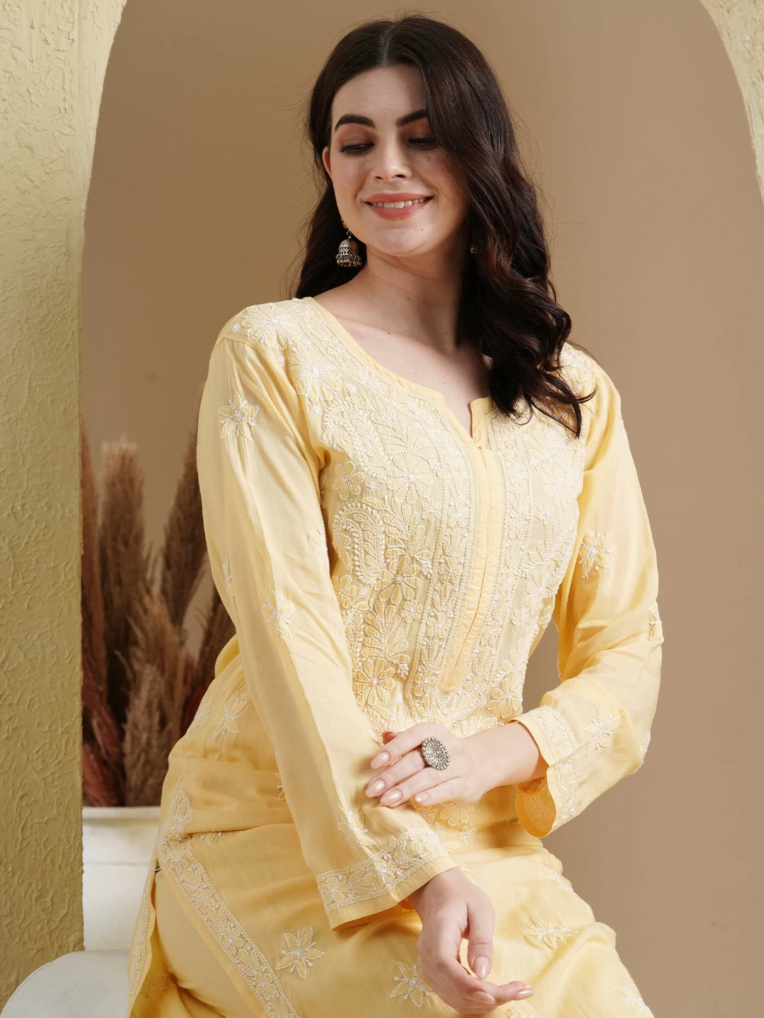 Ada Hand Embroidered Yellow Modal Lucknowi Chikankari Co-Ord Set A811235