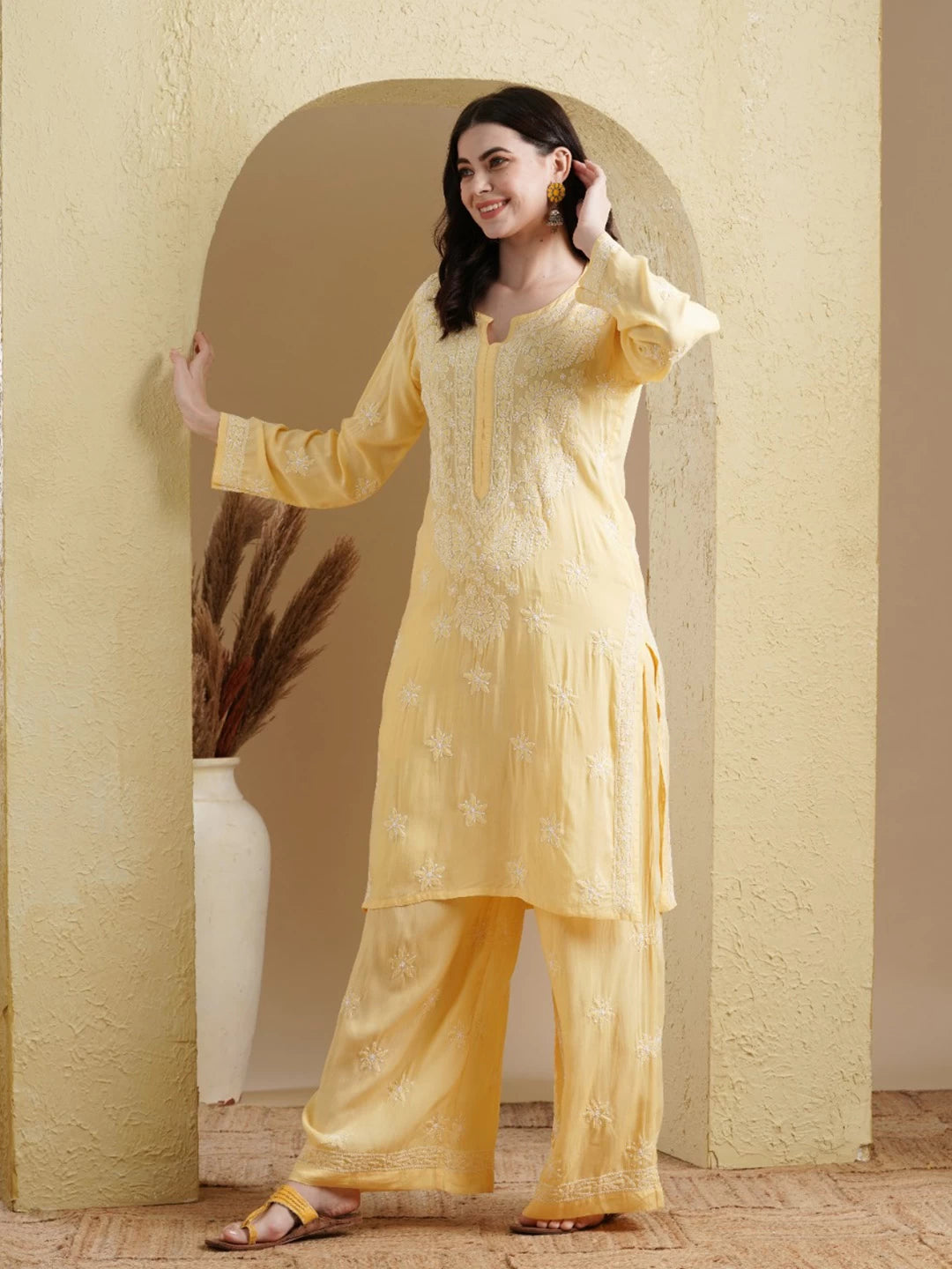 Ada Hand Embroidered Yellow Modal Lucknowi Chikankari Co-Ord Set A811235