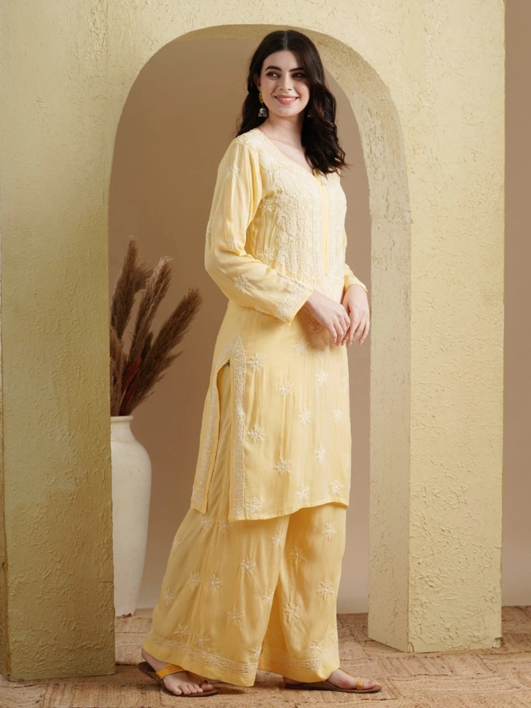 Ada Hand Embroidered Yellow Modal Lucknowi Chikankari Co-Ord Set A811235