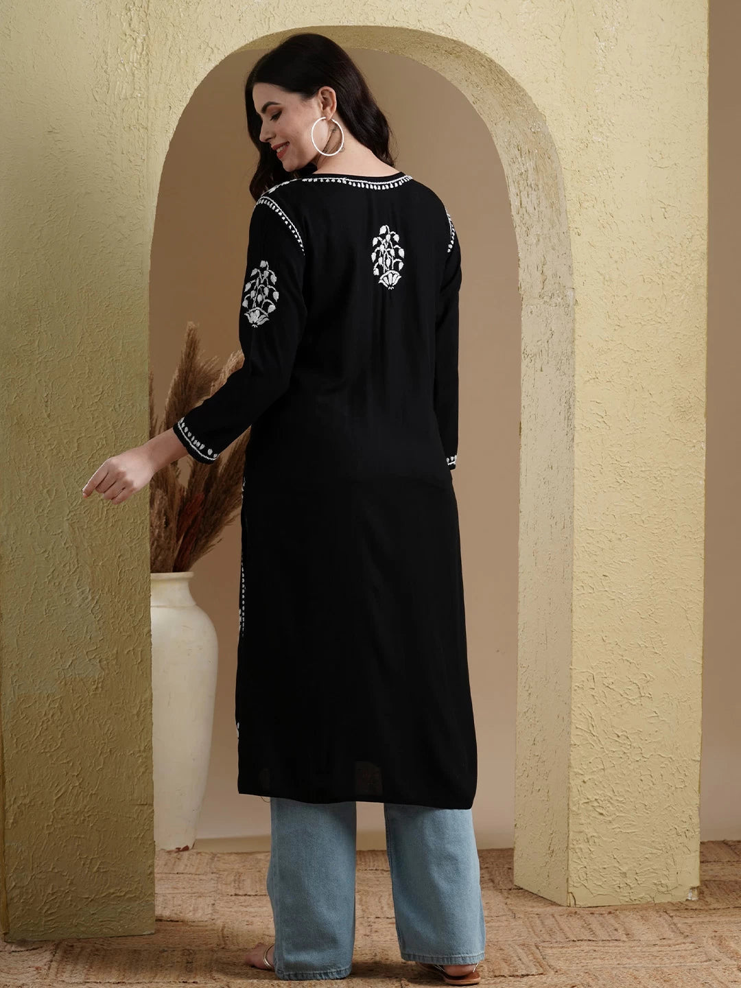 Ada Hand Embroidered Jet Black Rayon Lucknowi Chikankari Straight Kurta A411545