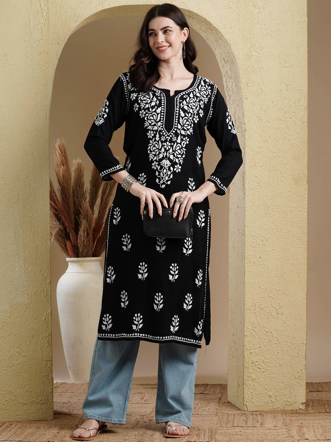 Ada Hand Embroidered Jet Black Rayon Lucknowi Chikankari Straight Kurta A411545