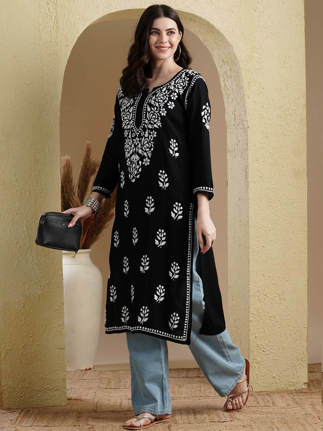 Ada Hand Embroidered Jet Black Rayon Lucknowi Chikankari Straight Kurta A411545