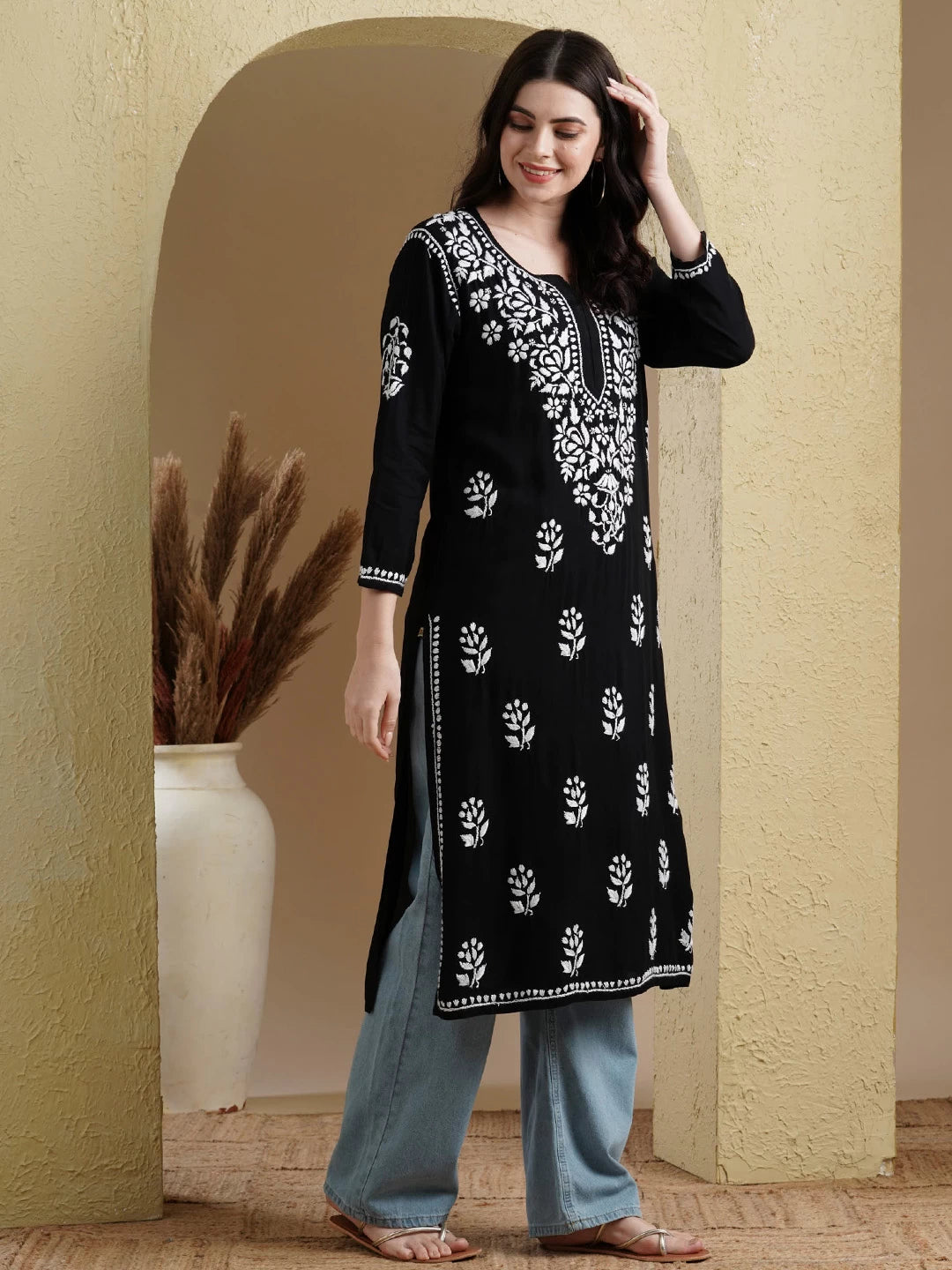 Ada Hand Embroidered Jet Black Rayon Lucknowi Chikankari Straight Kurta A411545