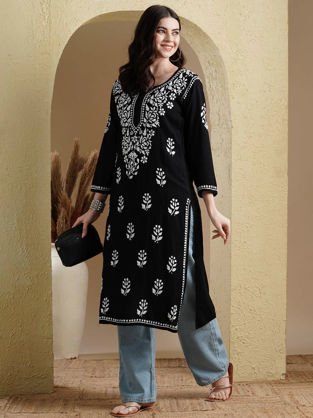 Ada Hand Embroidered Jet Black Rayon Lucknowi Chikankari Straight Kurta A411545