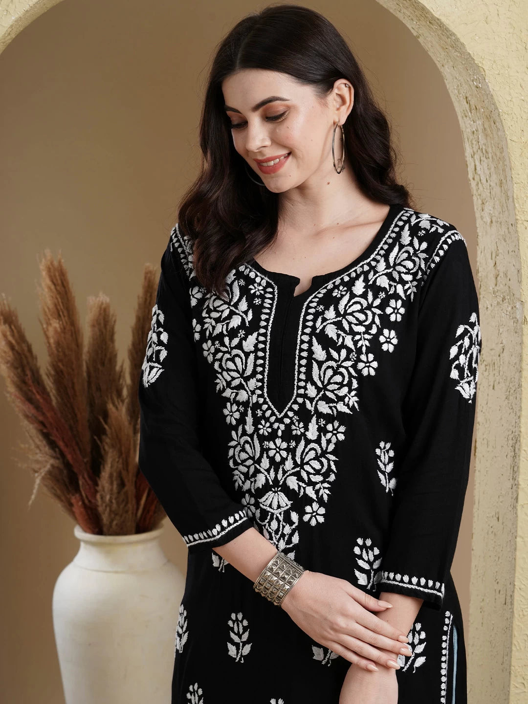 Ada Hand Embroidered Jet Black Rayon Lucknowi Chikankari Straight Kurta A411545