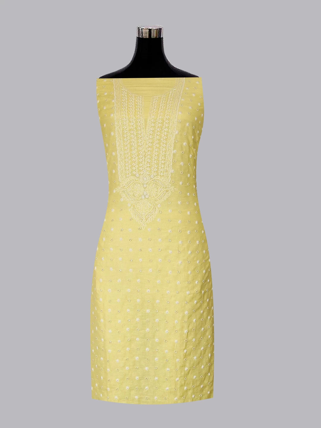 Ada Hand Embroidered Lemon Chanderi Lucknowi Chikankari Unstitched Kurta Dupatta Set With Pearl Work 01A331946