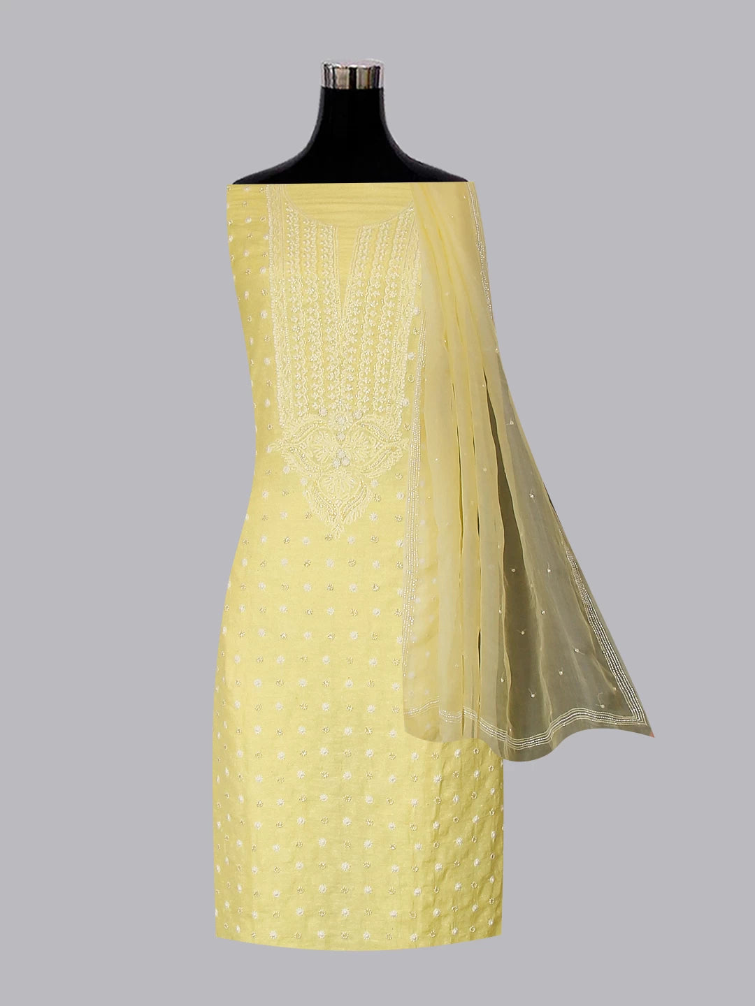 Ada Hand Embroidered Lemon Chanderi Lucknowi Chikankari Unstitched Kurta Dupatta Set With Pearl Work 01A331946