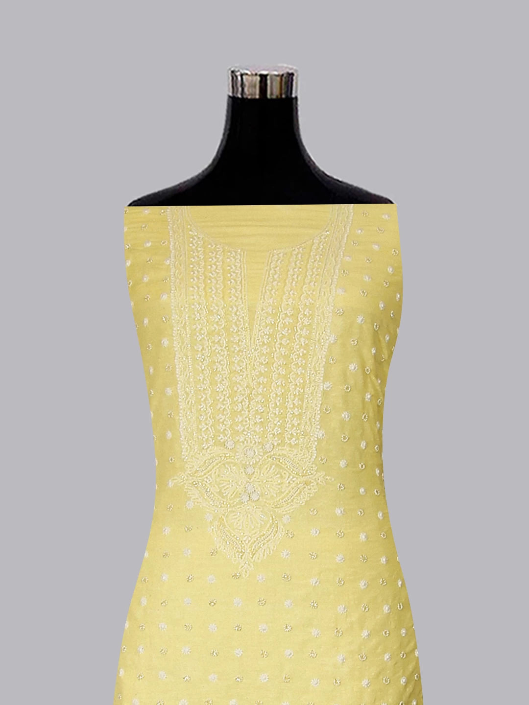 Ada Hand Embroidered Lemon Chanderi Lucknowi Chikankari Unstitched Kurta Dupatta Set With Pearl Work 01A331946