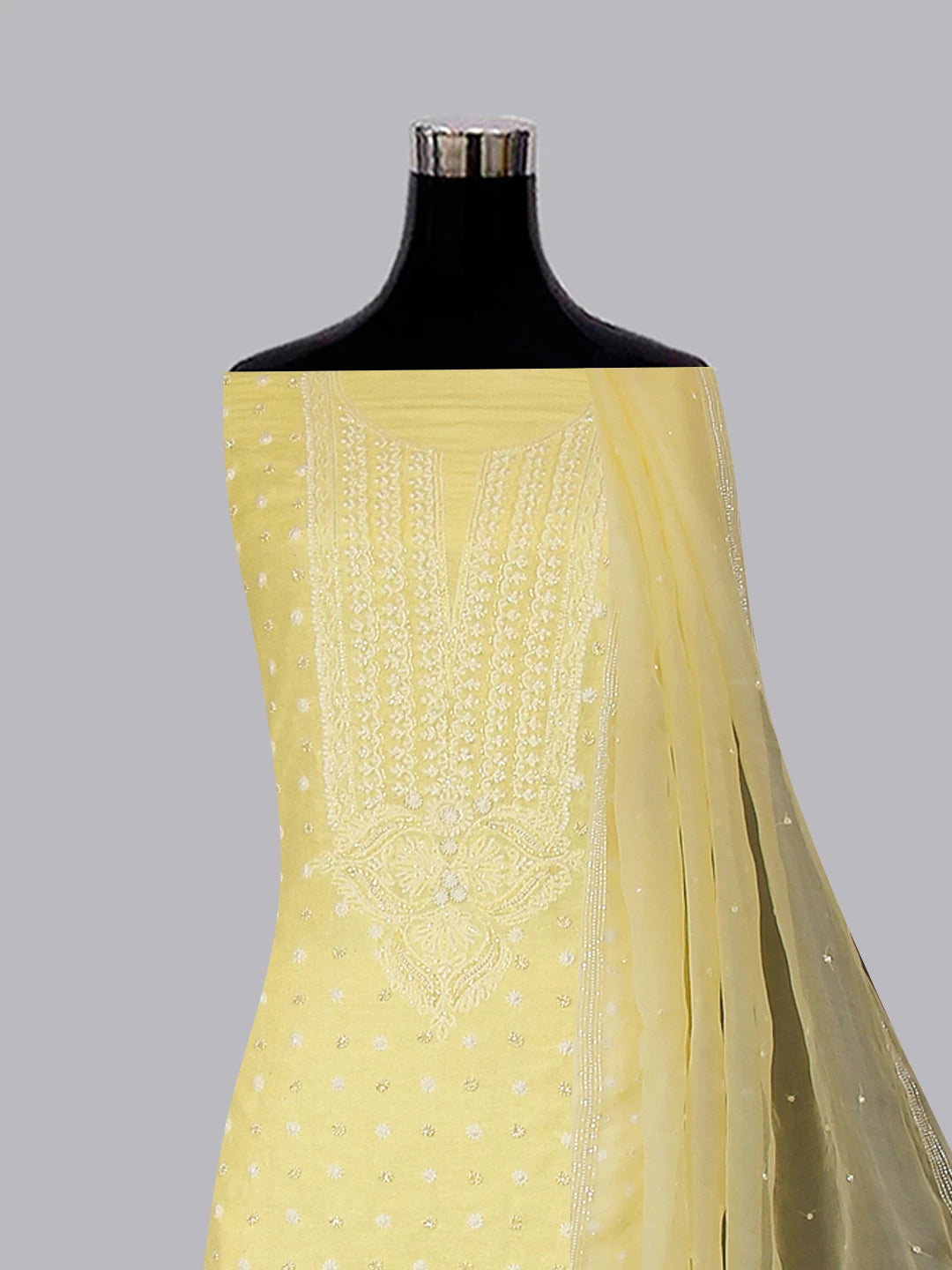 Ada Hand Embroidered Lemon Chanderi Lucknowi Chikankari Unstitched Kurta Dupatta Set With Pearl Work 01A331946