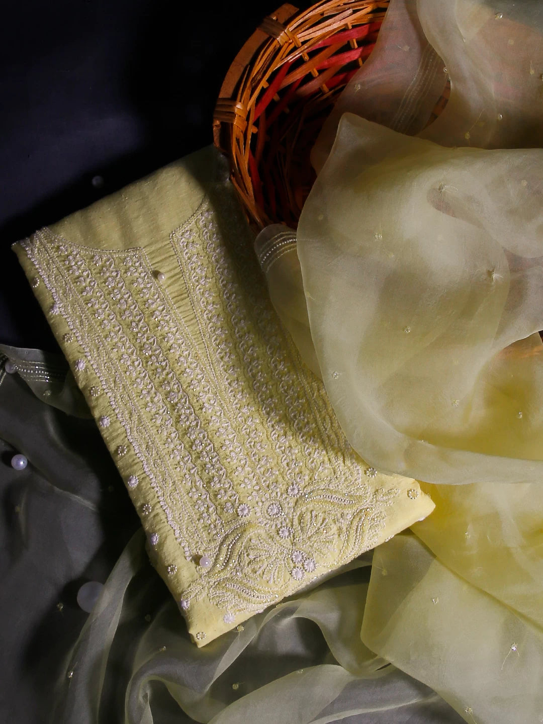 Ada Hand Embroidered Lemon Chanderi Lucknowi Chikankari Unstitched Kurta Dupatta Set With Pearl Work 01A331946