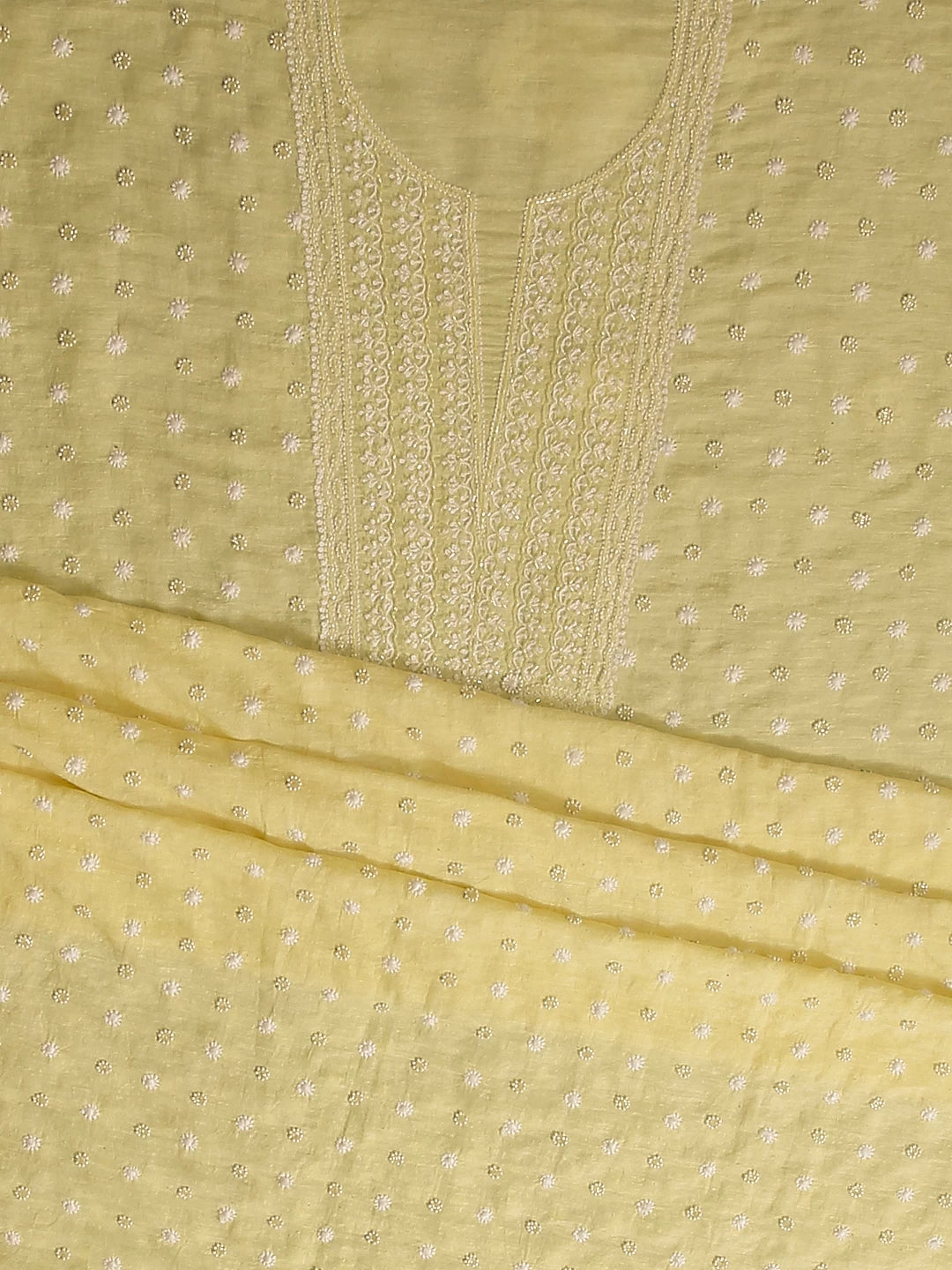 Ada Hand Embroidered Lemon Chanderi Lucknowi Chikankari Unstitched Kurta Dupatta Set With Pearl Work 01A331946