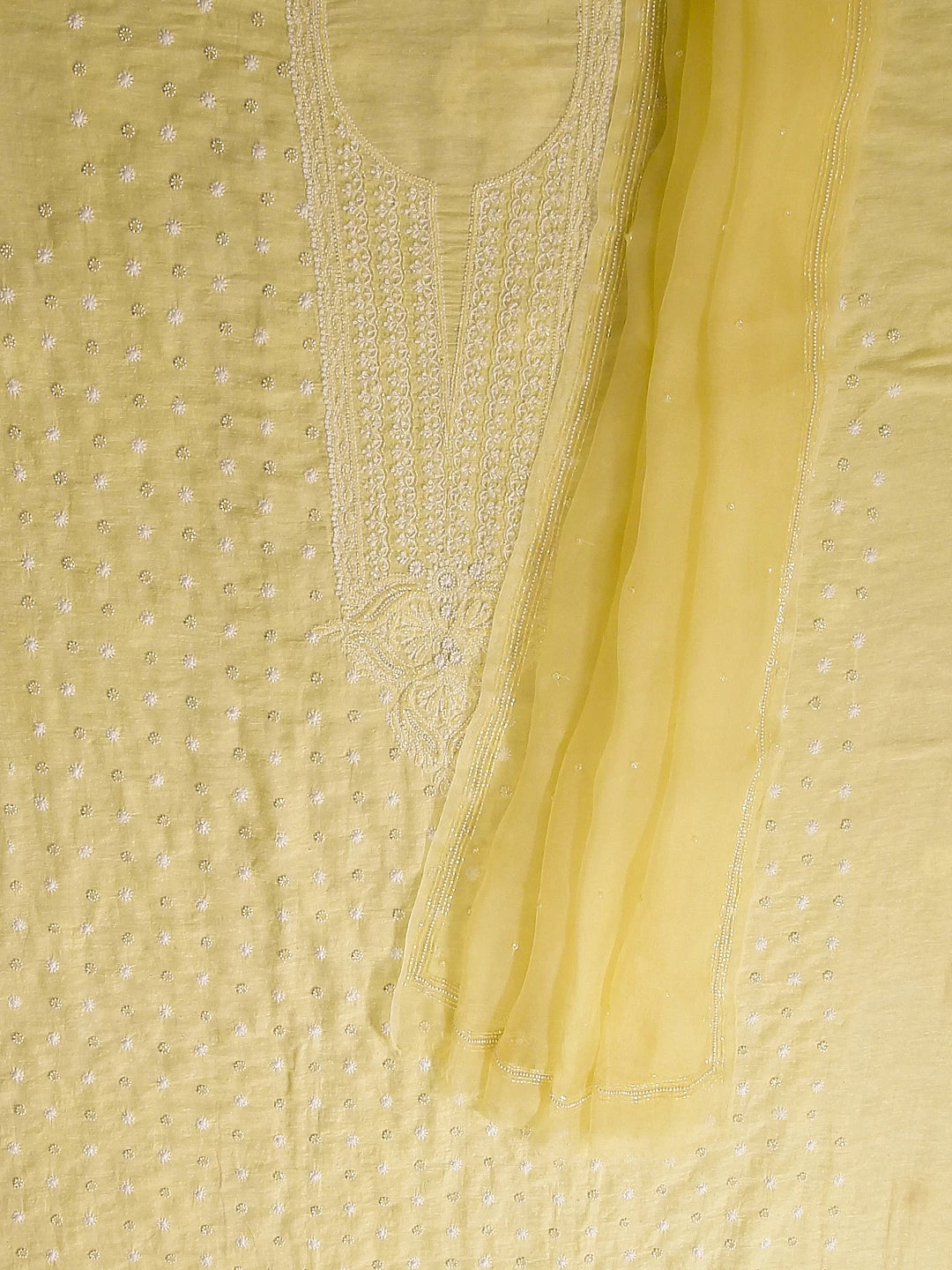 Ada Hand Embroidered Lemon Chanderi Lucknowi Chikankari Unstitched Kurta Dupatta Set With Pearl Work 01A331946