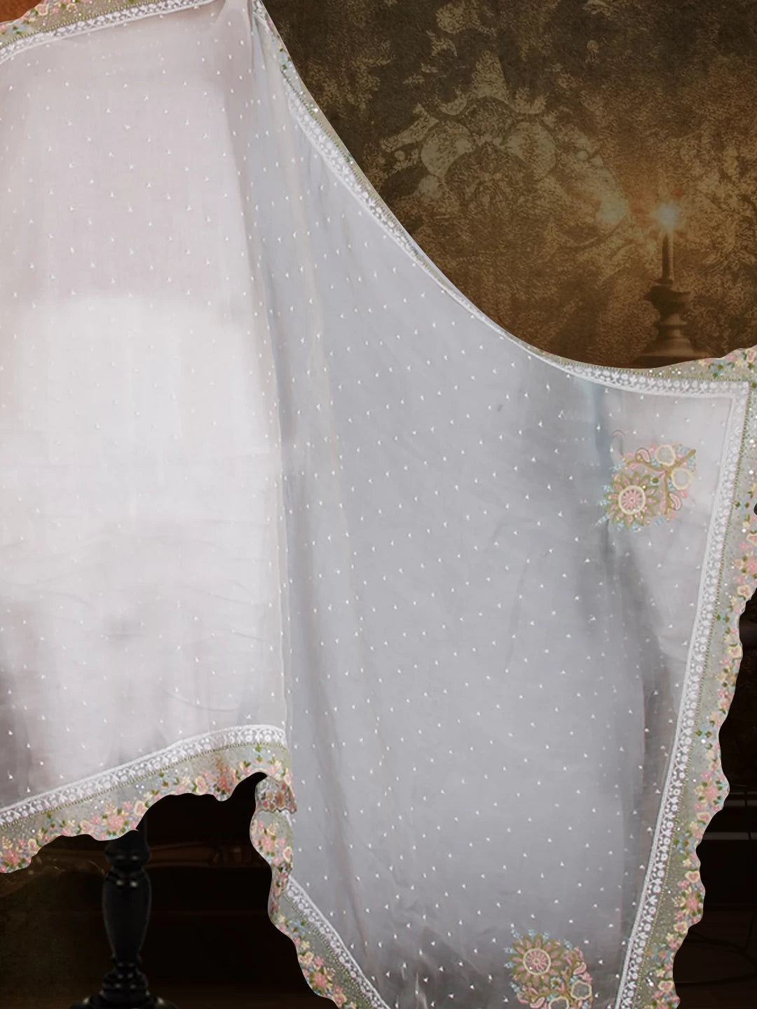 Ada Hand Embroidered White Organza Lucknowi Chikankari Saree with Blouse And Sequinned Work 01A436736