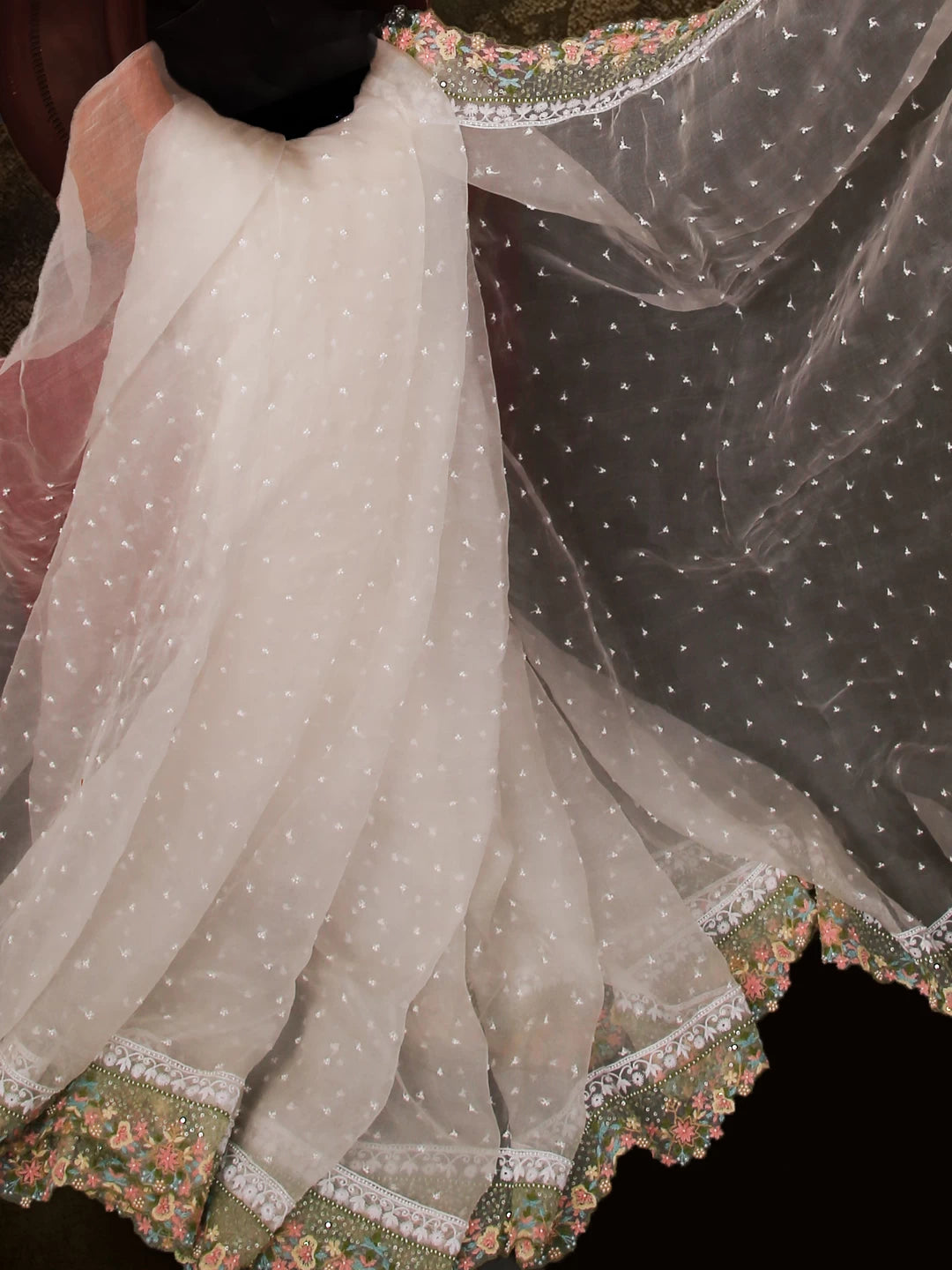 Ada Hand Embroidered White Organza Lucknowi Chikankari Saree with Blouse And Sequinned Work 01A436736