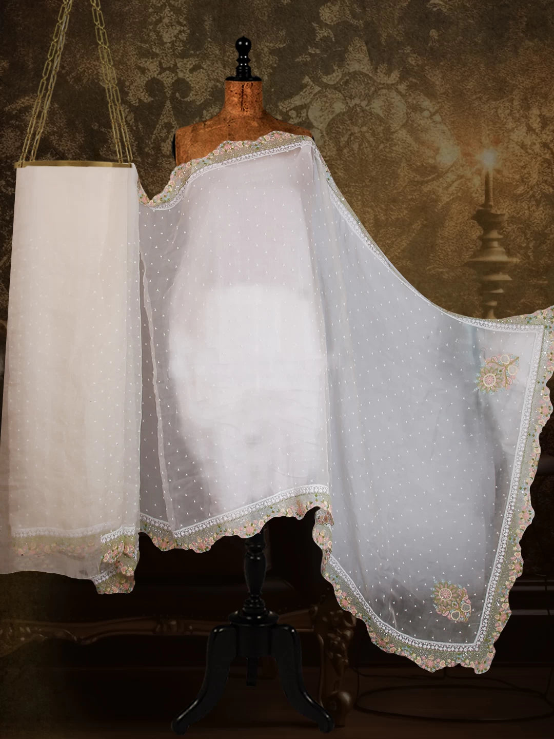 Ada Hand Embroidered White Organza Lucknowi Chikankari Saree with Blouse And Sequinned Work 01A436736
