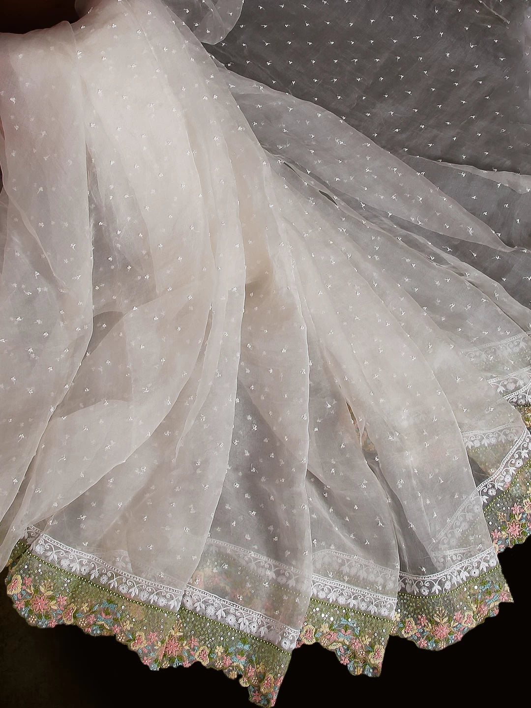 Ada Hand Embroidered White Organza Lucknowi Chikankari Saree with Blouse And Sequinned Work 01A436736