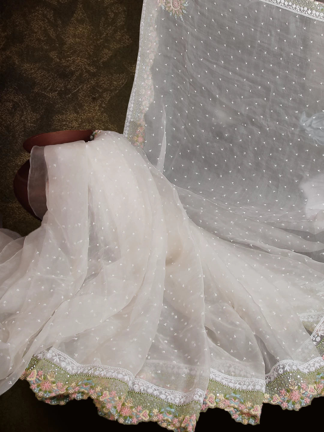 Ada Hand Embroidered White Organza Lucknowi Chikankari Saree with Blouse And Sequinned Work 01A436736