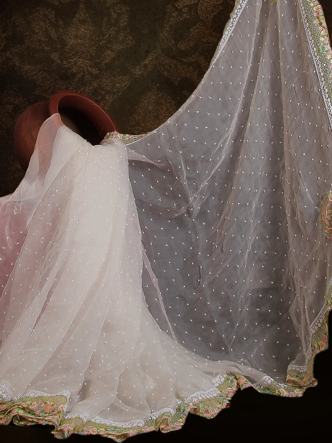 Ada Hand Embroidered White Organza Lucknowi Chikankari Saree with Blouse And Sequinned Work 01A436736