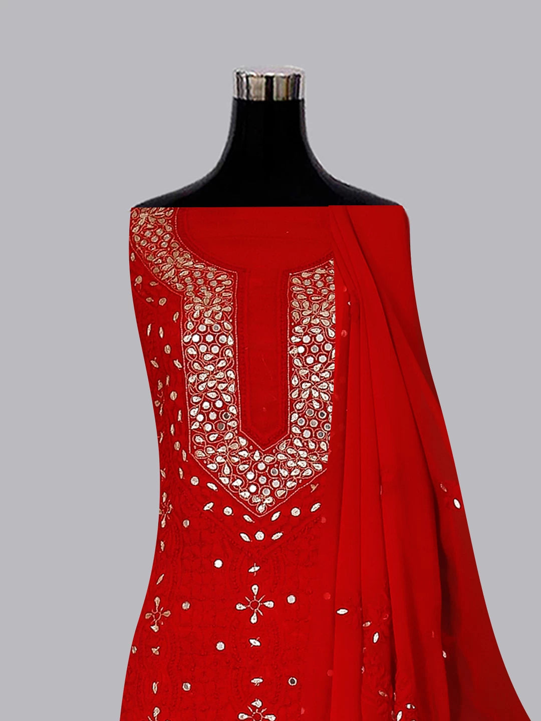Ada Hand Embroidered Red Georgette Lucknowi Chikankari Unstitched Suit Piece With Gotapatti Work 01A146116