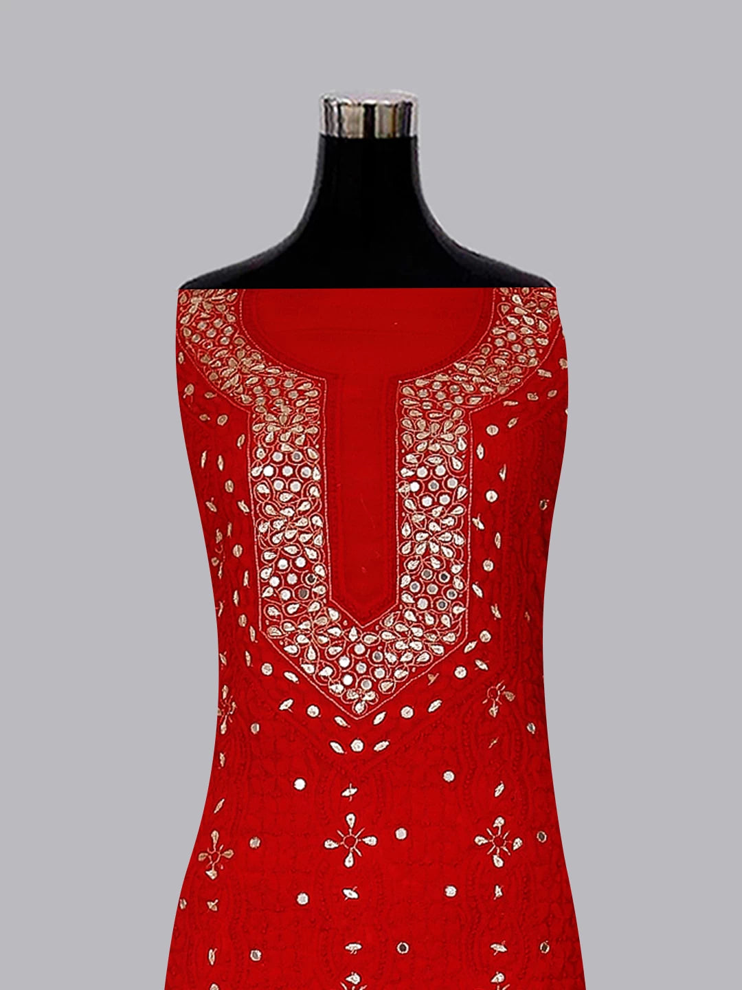 Ada Hand Embroidered Red Georgette Lucknowi Chikankari Unstitched Suit Piece With Gotapatti Work 01A146116
