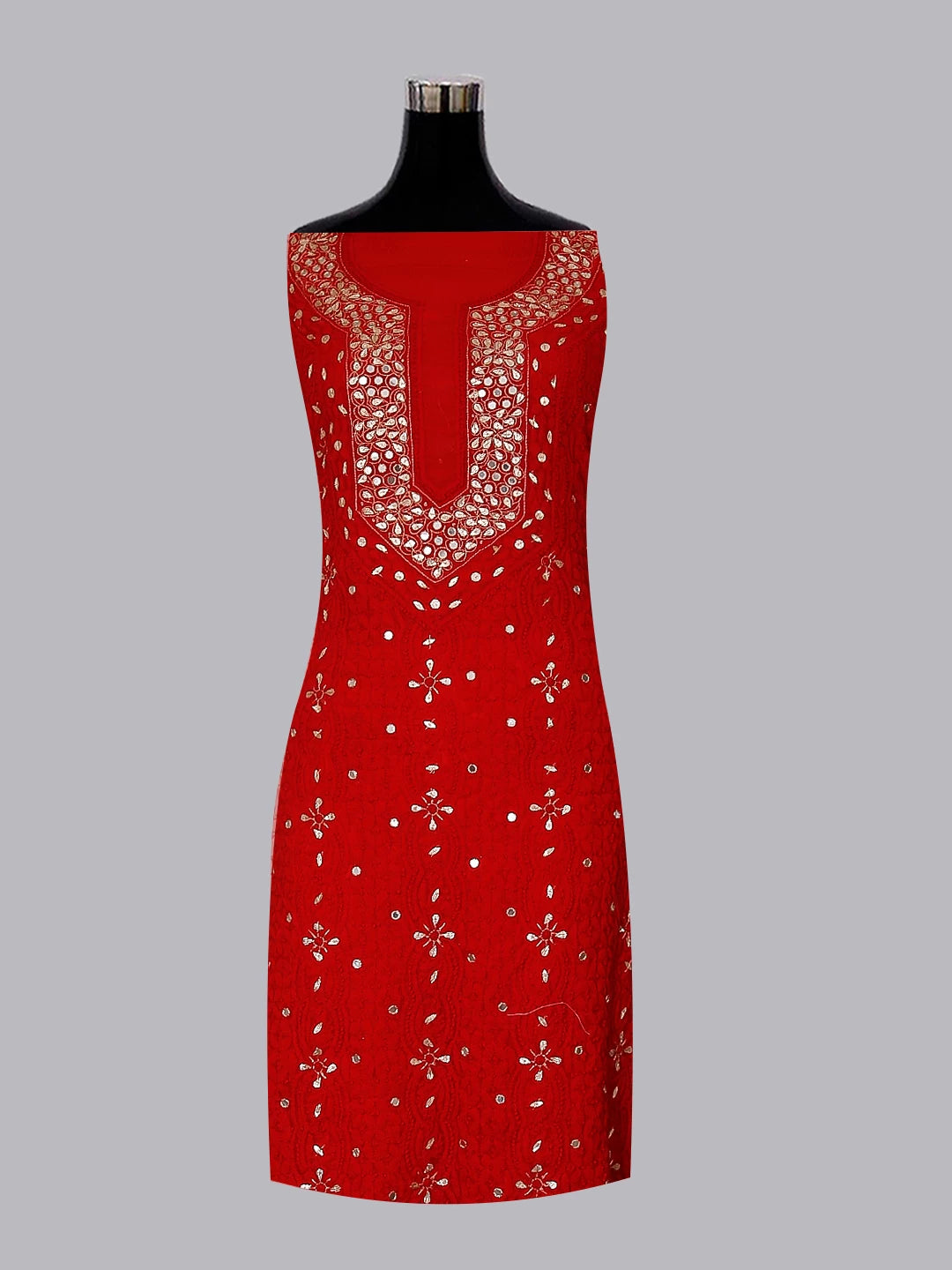 Ada Hand Embroidered Red Georgette Lucknowi Chikankari Unstitched Suit Piece With Gotapatti Work 01A146116