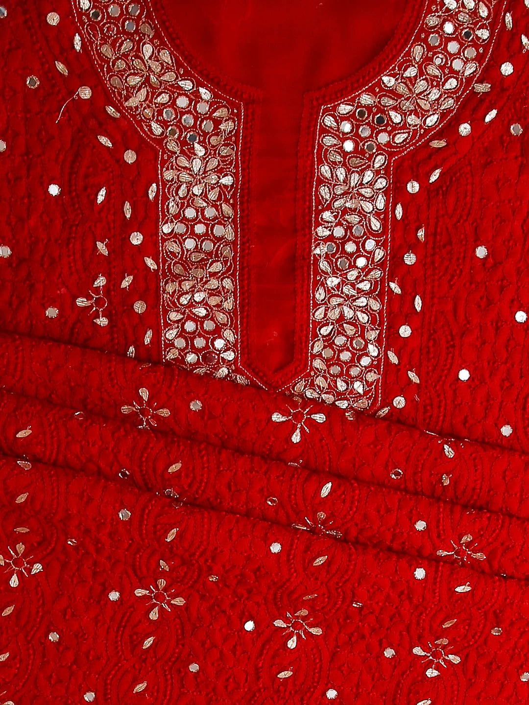 Ada Hand Embroidered Red Georgette Lucknowi Chikankari Unstitched Suit Piece With Gotapatti Work 01A146116
