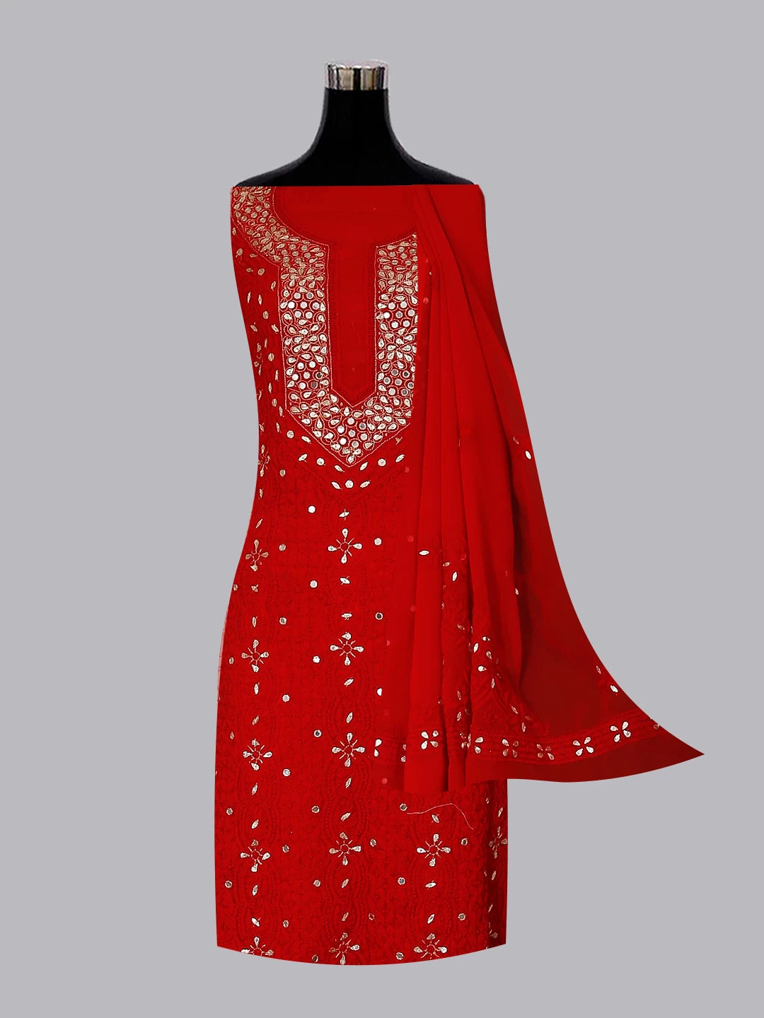 Ada Hand Embroidered Red Georgette Lucknowi Chikankari Unstitched Suit Piece With Gotapatti Work 01A146116