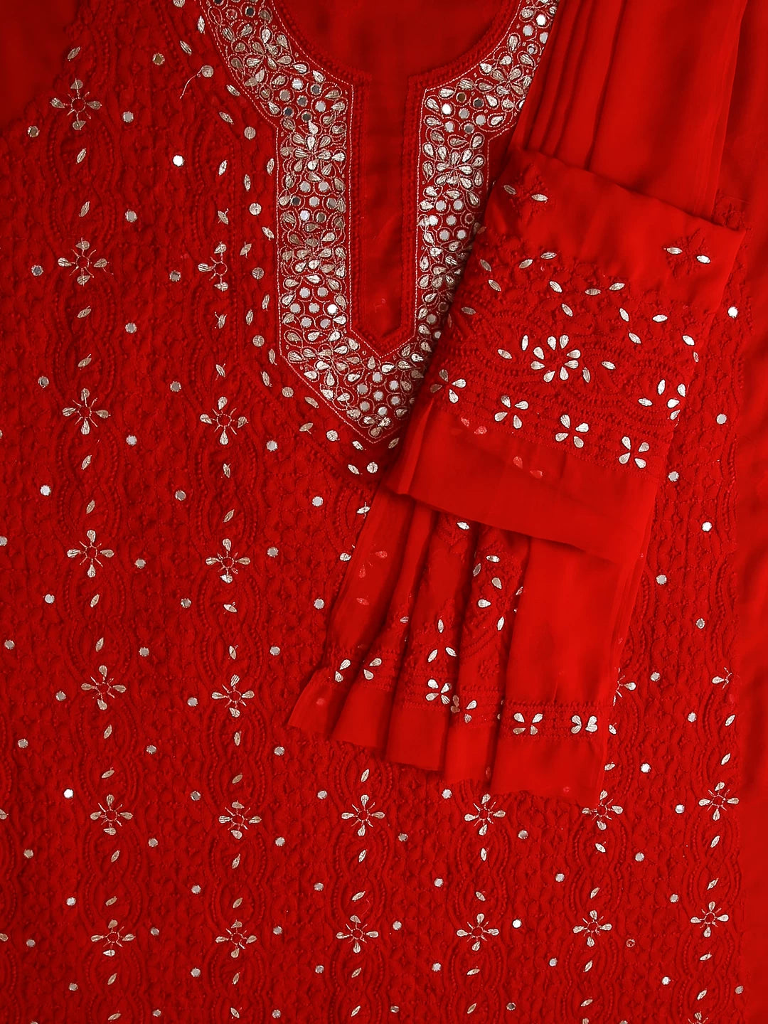 Ada Hand Embroidered Red Georgette Lucknowi Chikankari Unstitched Suit Piece With Gotapatti Work 01A146116