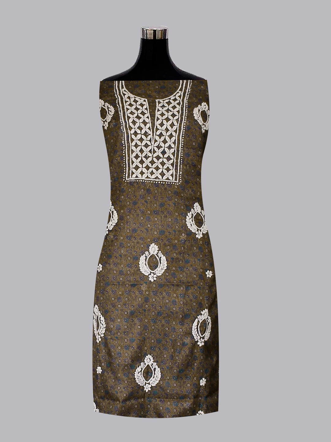 Ada Hand Embroidered Brown Kota Lucknowi Chikankari Unstitched Kurta Piece 01A349744