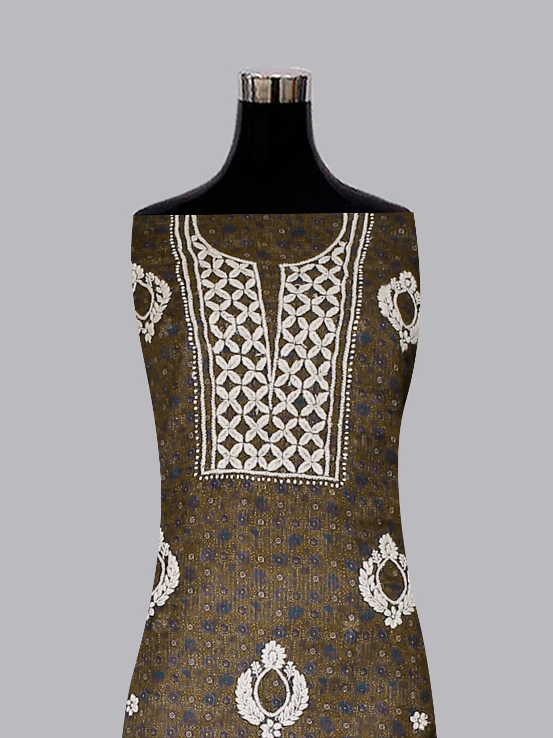 Ada Hand Embroidered Brown Kota Lucknowi Chikankari Unstitched Kurta Piece 01A349744