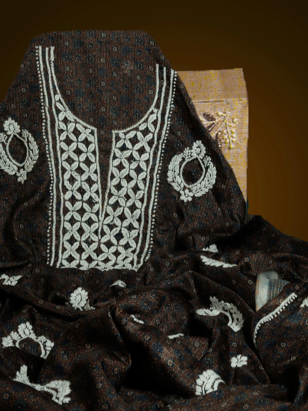 Ada Hand Embroidered Brown Kota Lucknowi Chikankari Unstitched Kurta Piece 01A349744