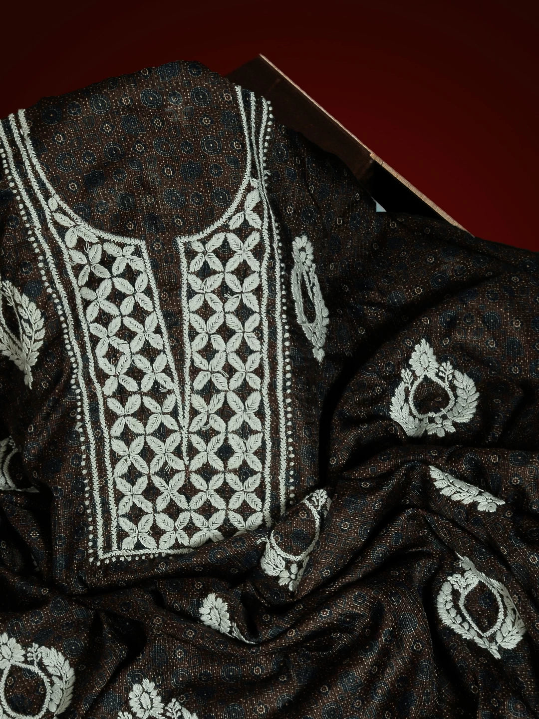 Ada Hand Embroidered Brown Kota Lucknowi Chikankari Unstitched Kurta Piece 01A349744