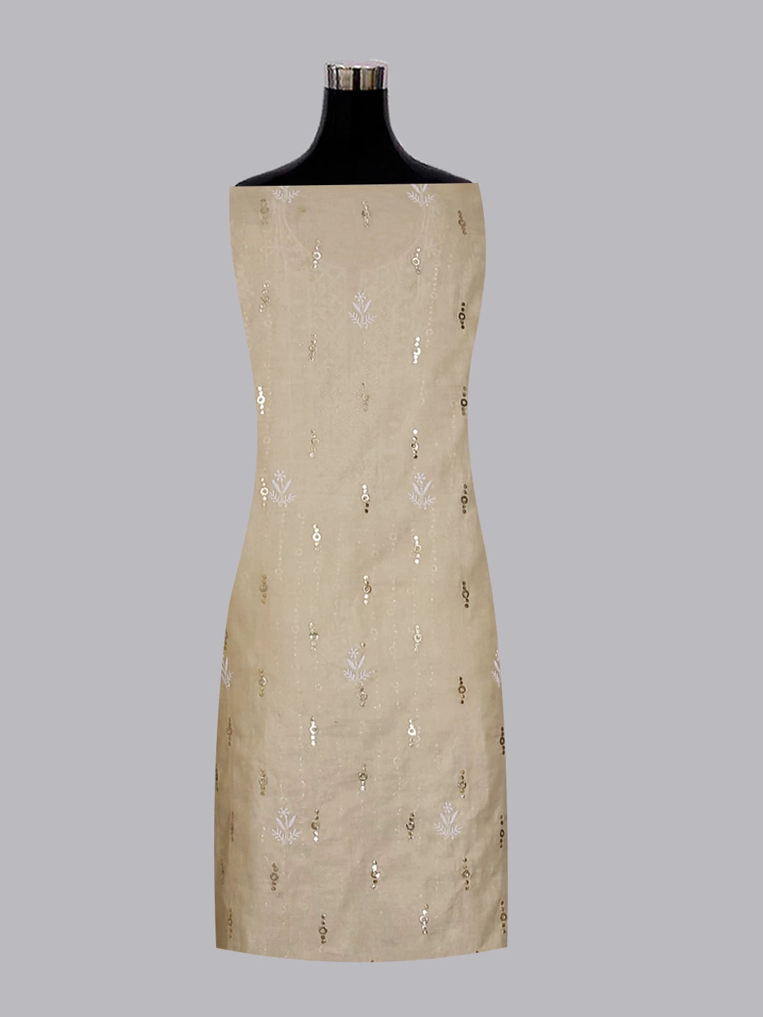 Ada Hand Embroidered Natural Fawn Tissue Lucknowi Chikankari Unstitched Kurta Dupatta Set With  Muqaish Work 01A256551