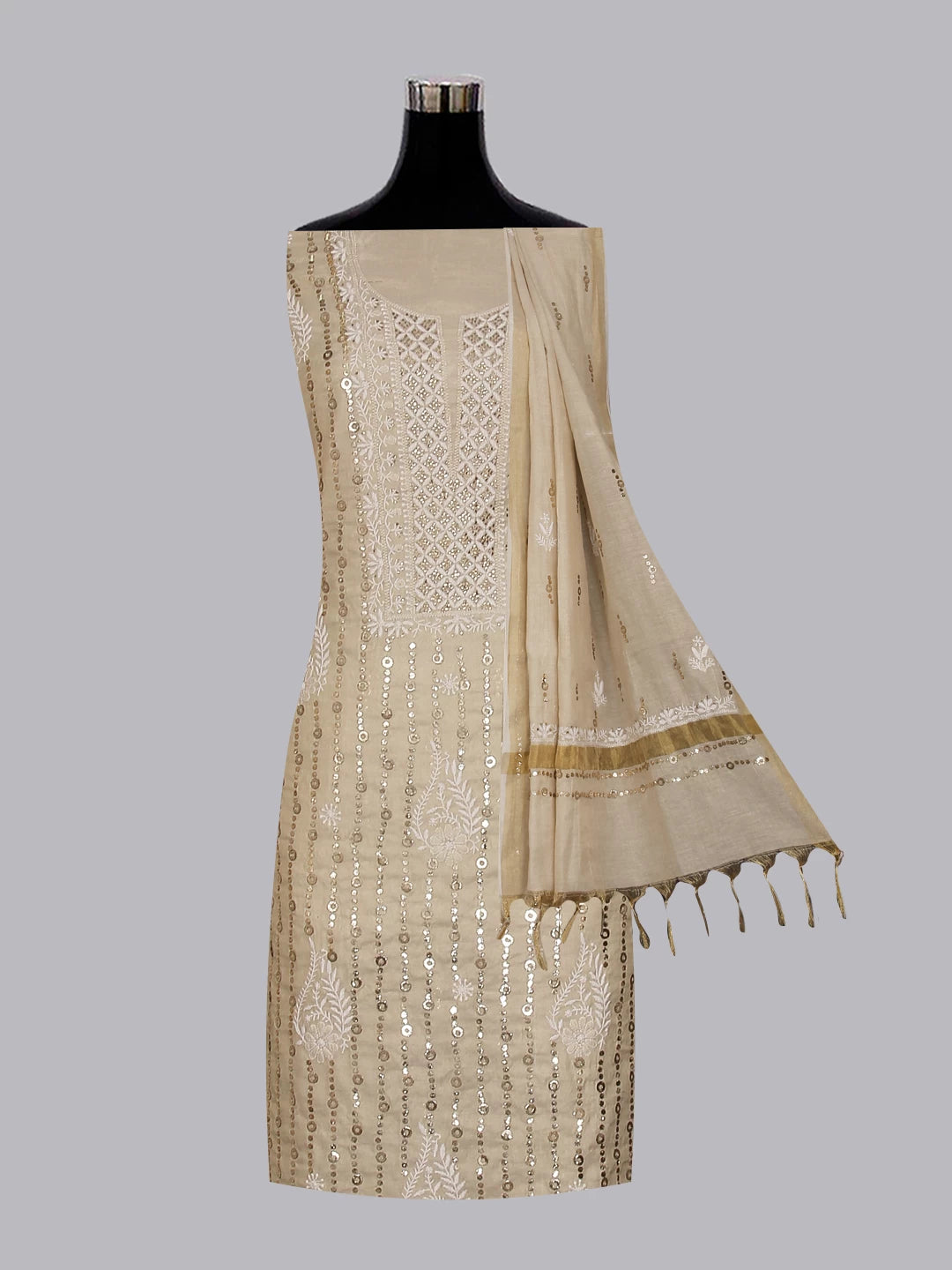 Ada Hand Embroidered Natural Fawn Tissue Lucknowi Chikankari Unstitched Kurta Dupatta Set With  Muqaish Work 01A256551