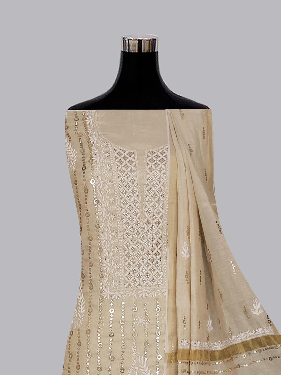 Ada Hand Embroidered Natural Fawn Tissue Lucknowi Chikankari Unstitched Kurta Dupatta Set With  Muqaish Work 01A256551