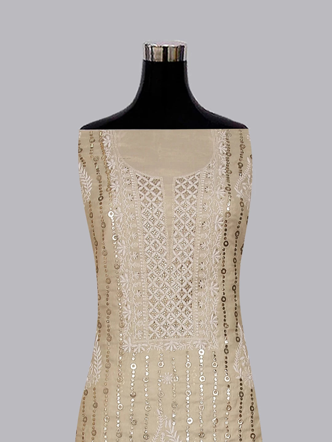 Ada Hand Embroidered Natural Fawn Tissue Lucknowi Chikankari Unstitched Kurta Dupatta Set With  Muqaish Work 01A256551