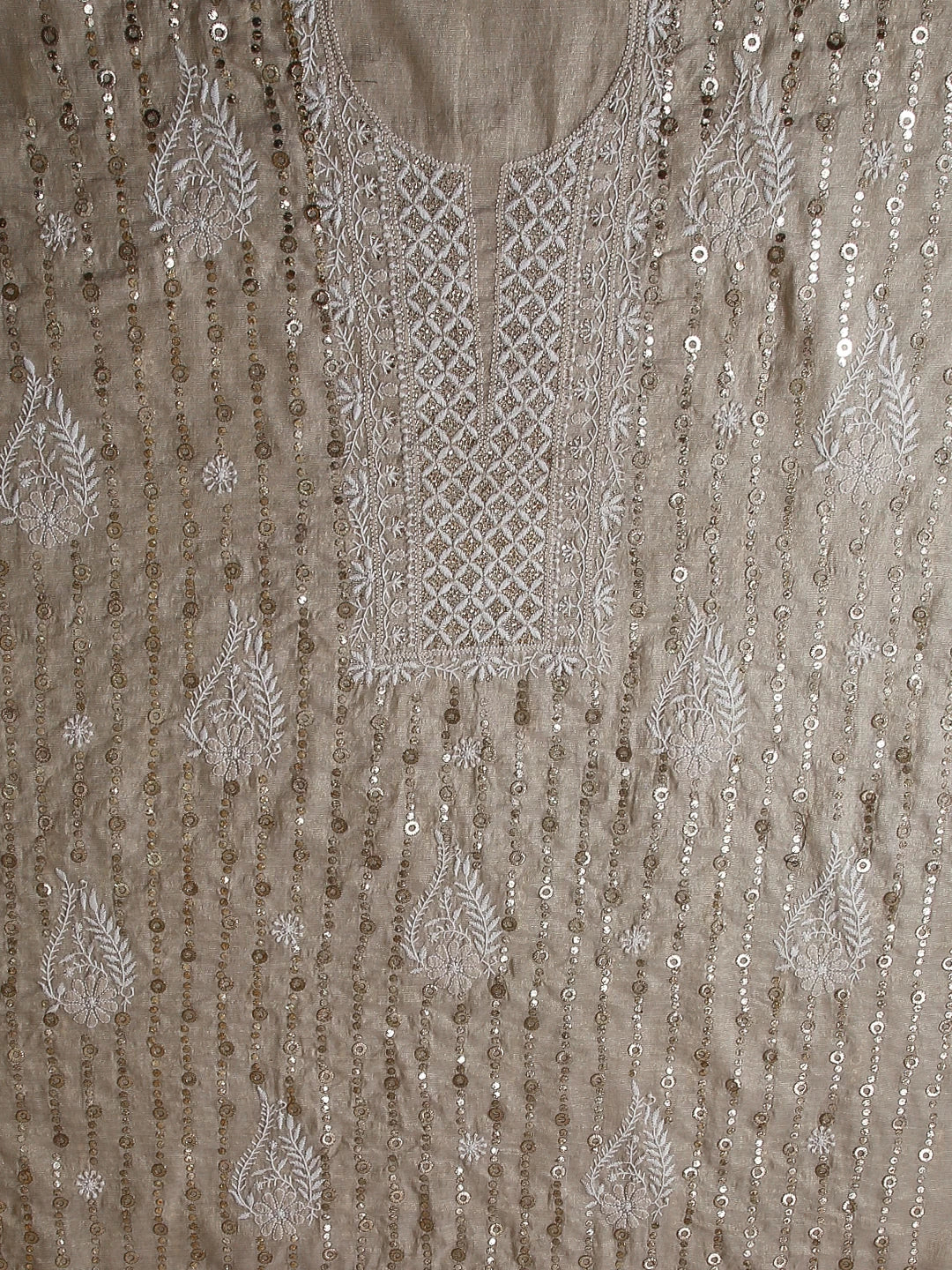 Ada Hand Embroidered Natural Fawn Tissue Lucknowi Chikankari Unstitched Kurta Dupatta Set With  Muqaish Work 01A256551