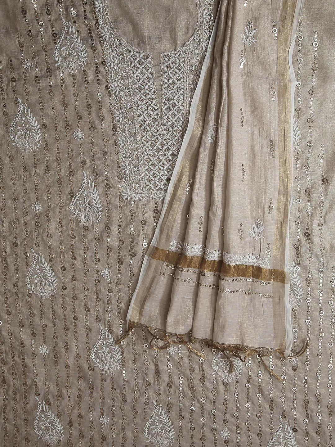 Ada Hand Embroidered Natural Fawn Tissue Lucknowi Chikankari Unstitched Kurta Dupatta Set With  Muqaish Work 01A256551